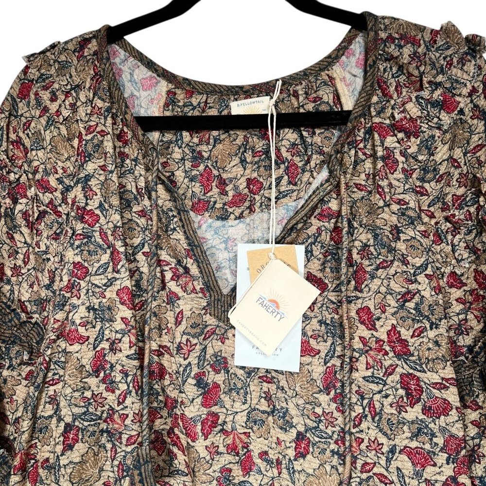 Faherty B. Yellowtail Womens Floral Ruffle Trim Bodhi Top Blouse Size L  NEW - Picture 5 of 11